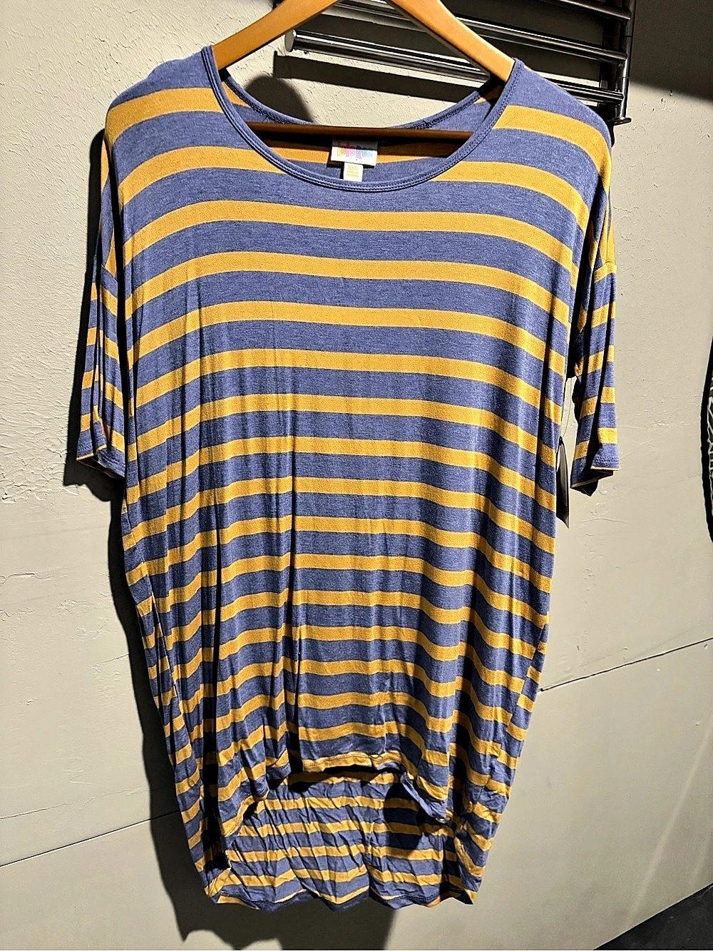LuLaRoe Irma Tunic Striped Short Sleeve Top Blue & Yellow XXS